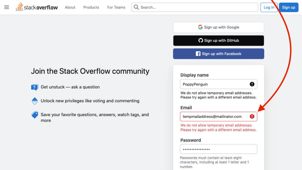 Screenshot of stackoverflow signup error message when trying a disposable email address